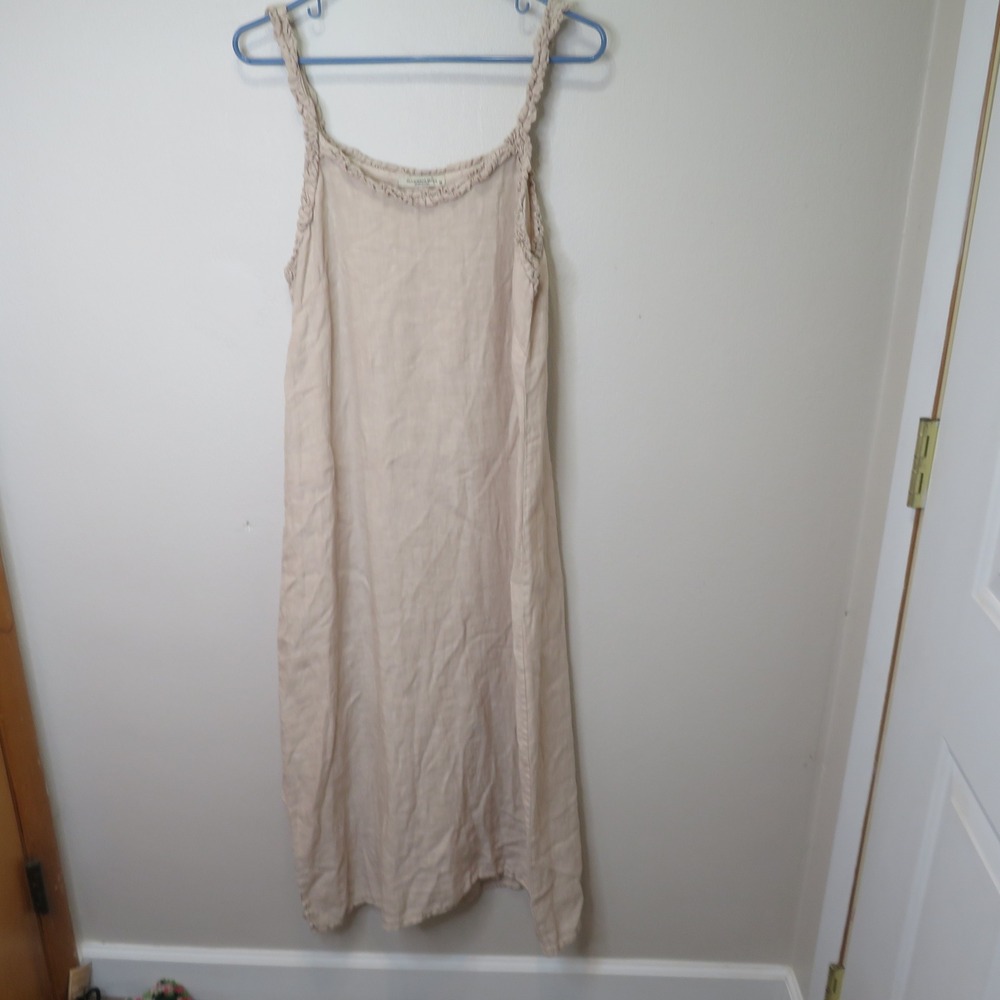 Francesca Betini Made in Italy Linen Midi Dress Beige Ruffle Trim Sleeveless M
